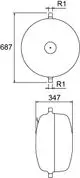 Technische Zeichnung eines Druckausdehnungsgefäßes mit abgerundeter Form und Anschlüssen, hergestellt von IMI Hydronic Engineering. Maße sind im Diagramm angegeben.